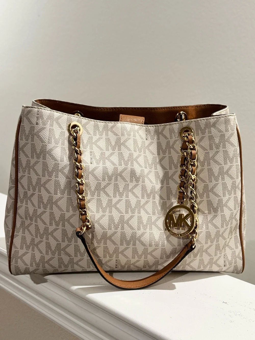 Michael Kors White/Brown Signature Costed Canvas and Leather Tote.